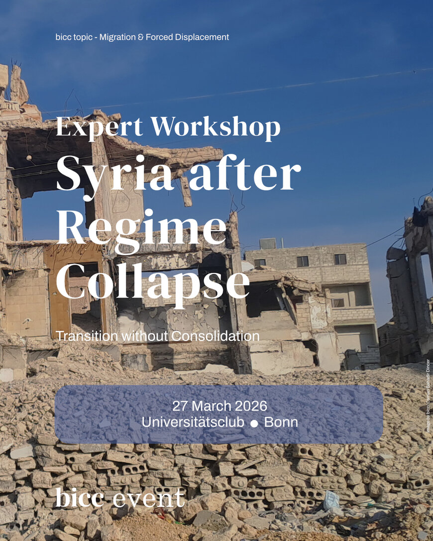 Ruined buildings in a war-torn area with text overlay about an expert workshop titled 'Syria after Regime Collapse' scheduled for 27 March 2026 in Bonn