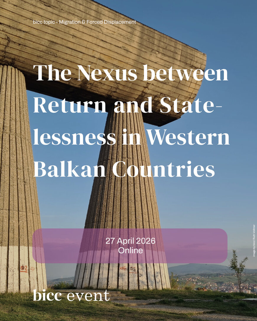 Two large concrete columns with a cityscape in the background and overlaid text about a 2026 online event on return and statelessness in Western Balkan countries