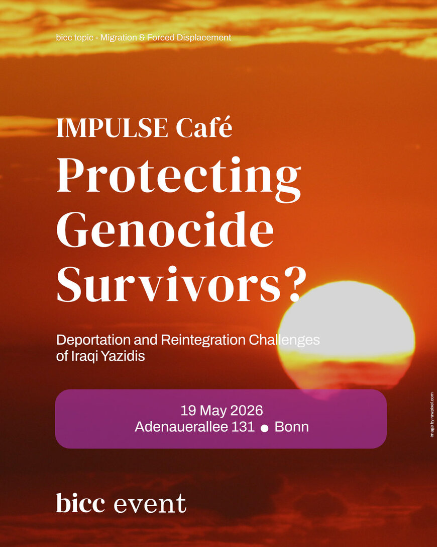 Sunset over a landscape with text about an event titled 'IMPULSE Café Protecting Genocide Survivors? Deportation and Reintegration Challenges of Iraqi Yazidis' on 19 May 2026 in Bonn